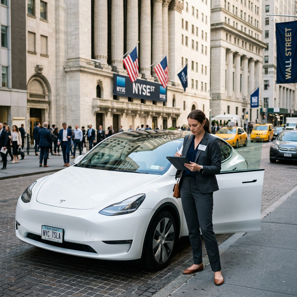 Businesswoman in suit using tablet next to white Tesla outside NYSE building