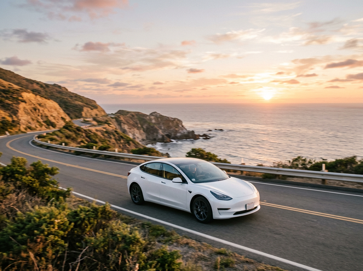 White electric car driving along a coastal highway at sunset