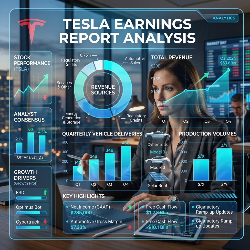 Tesla earnings report infographic covering revenue, deliveries, production, and financial highlights